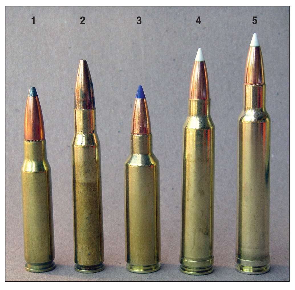 Long-range capable .30-caliber cartridges include the (1) .308 Winchester, (2) .30-06, (3) .300 WSM, (4) .300 Winchester Magnum and (5) .300 Weatherby Magnum.